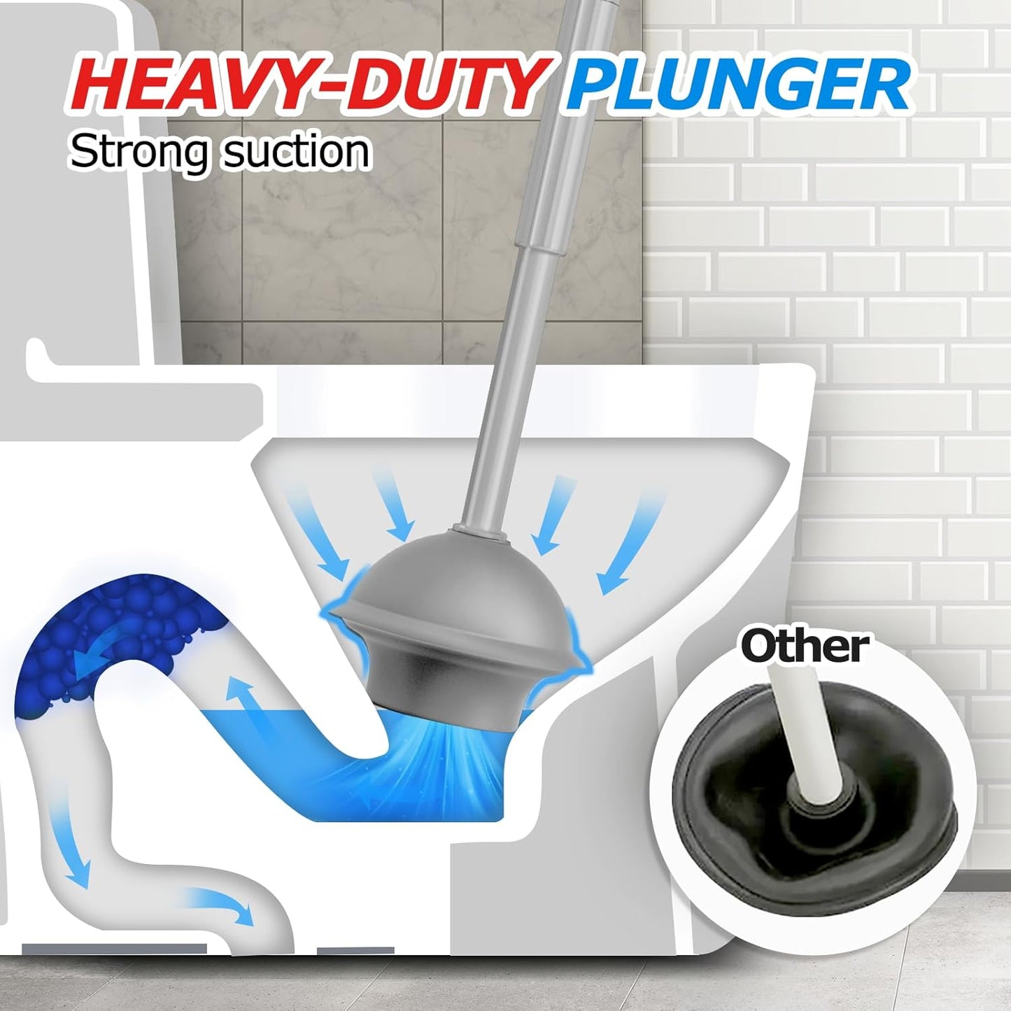 2Pack 2 in 1 Toilet Brush and Plunger Set, Extended Handle Plunger，Toilet Bowl Brush Plunger Set,Bathroom Cleaning Tools ，Toilet Brush Plunger Combo，Cleaning Brush，Cleaning Supplies（Dark Grey）