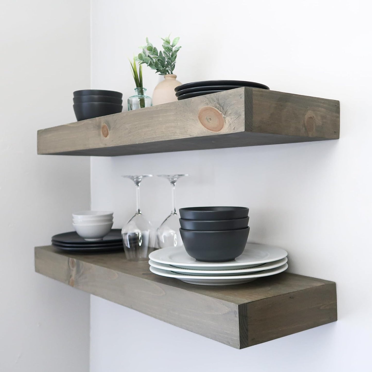 Modern Floating Shelves 3 Inches Thick for Wall, Wide Shelves for Kitchen, Living Room, Bedroom, and Bathroom, Natural Pine Wood, Rustic Wooden Shelf, (Set of 2) (Aged Barrel, 24Lx3Hx8D)