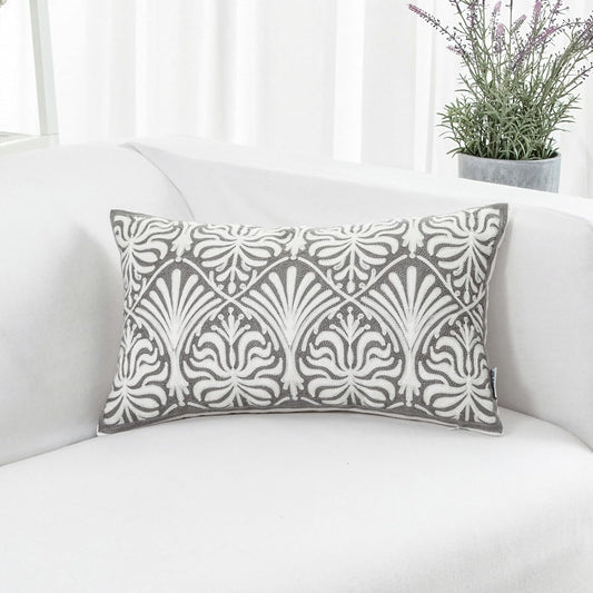 HWY 50 Grey Gray Decorative Lumbar Pillow Cover Rectangle 12x20 Inch (1 Piece), Embroidered Cotton Farmhouse Cushion Cover Pillow Case for Sofa Couch Living Room Bed, Minimalist Floral