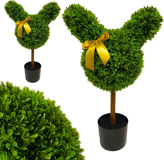 2 Pcs Artificial Bunny Shaped Topiary Trees, Artificial Green Boxwood Bunny Decorations with Gold Bow, Perfect for Indoor & Outdoor Front Porch, Easter& Garden Decor (Bunny Shaped Topiary Tree)