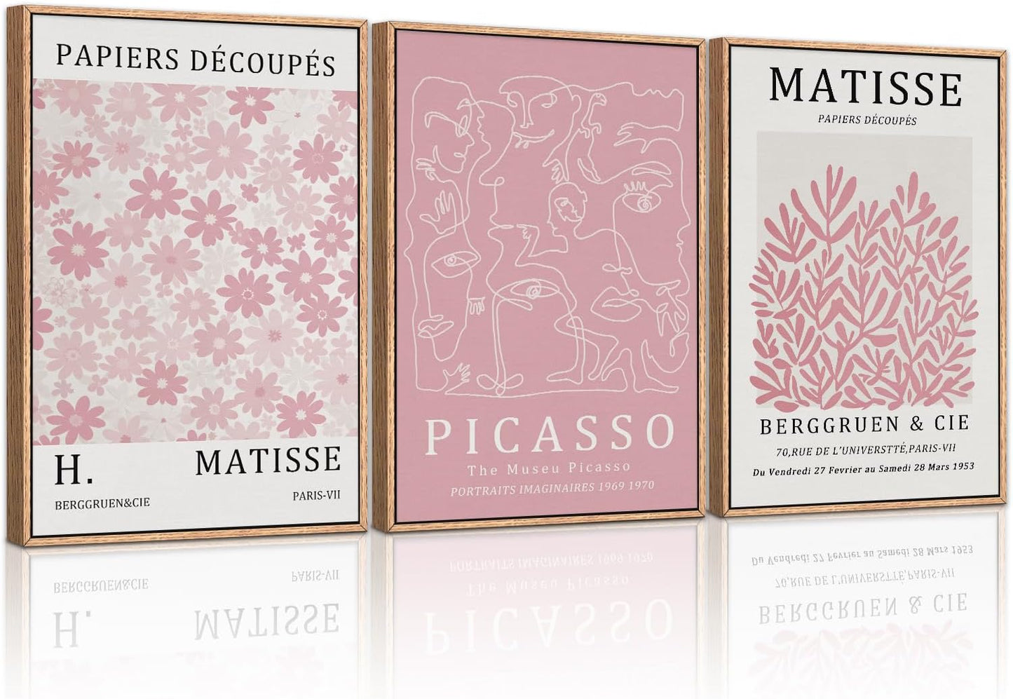 HLNIUC Matisse Pink Wall Art,Neutral Pink Flower Framed Canvas Wall Decor Set of 3(16”x24’) Modern Aesthetic Pictures Wall Painting,Abstract Flower Market Art Print for Living Room,Bedroom