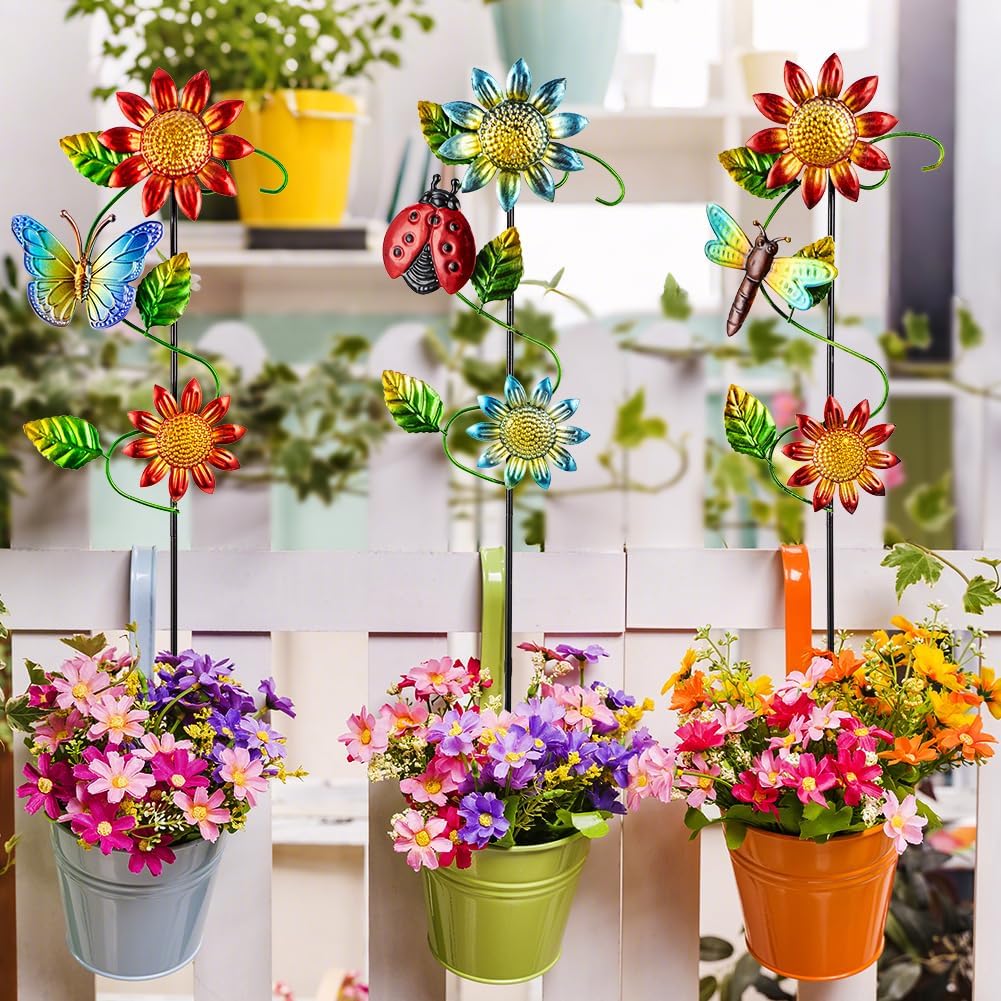 3 Pcs Sunflower＆Butterly＆Ladybug＆Dragonfly Decorative Garden Stakes,23.5 in Metal Sunflower Yard Art for Outside Decor,Spring Outdoor Decor for Mom,Women,Grandma