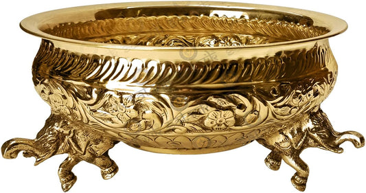SATVIK 10 Inch Decorative Brass Designer Elephant Urli Flower Bowl Candles Floating Pot Bowing Brass Uruli Home Décor Brass Potpourri Items