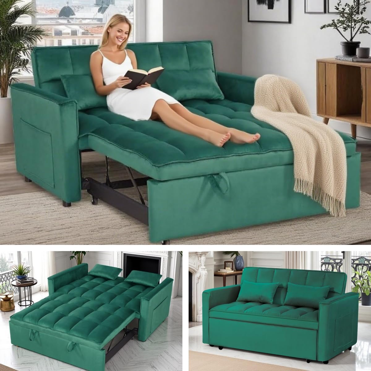 3 in 1 Sleeper Sofa Bed, Futon Sofa Bed for Living Room with Side Pocket, Green Sleepers Sofas Couch with Pullout Beds, Convertible Love Seat Sleepers Couch for Living Room, Bedroom