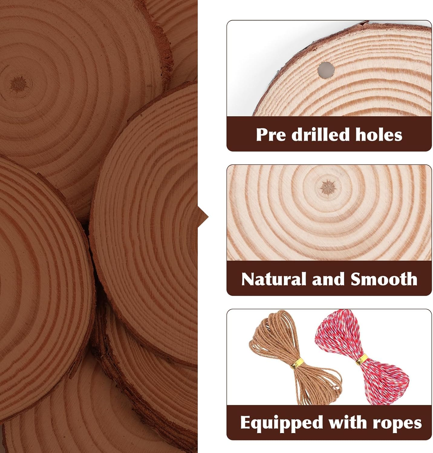 30 Pack Wood Slices for Crafts,2.4-2.8In Unfinished Natural Wood Rounds with Tree Bark.Wood Circles Predrilled with Hole and 20m Rope for Centerpiece Table Decorations,Christmas Ornaments,DIY Gifts