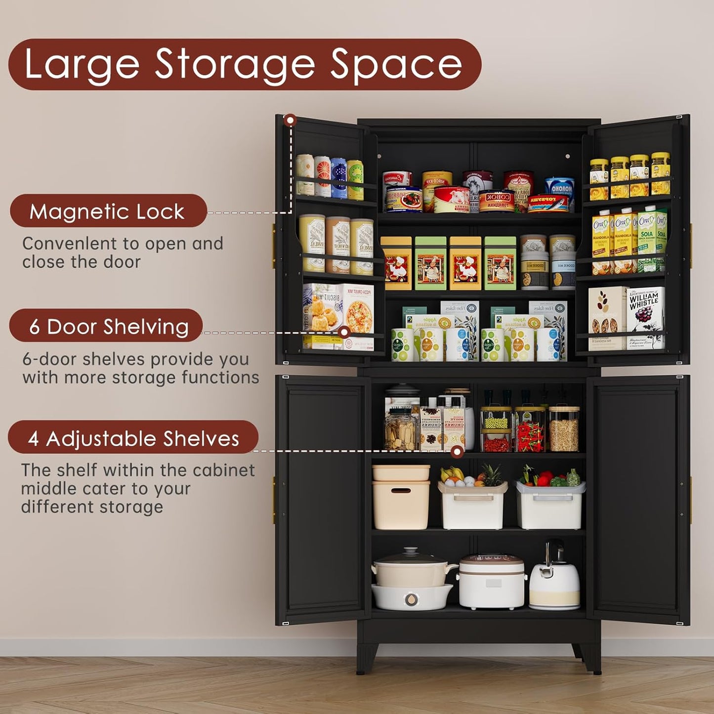 75" H Metal Storage Cabinet, Pantry with 6 Door Shelves and 4 Adjustable Shelves, Leveling Foot for Kitchen, Living Room and Dinning Room, Black