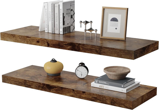 Large Floating Shelves for Wall Set of 2 Wooden Wall Shelves 30 in x 12.75 in x 2 in Room Decor Long Shelf with Invisible Wall Mount Bracket for Bedroom Kitchen Living Room Rustic Brown