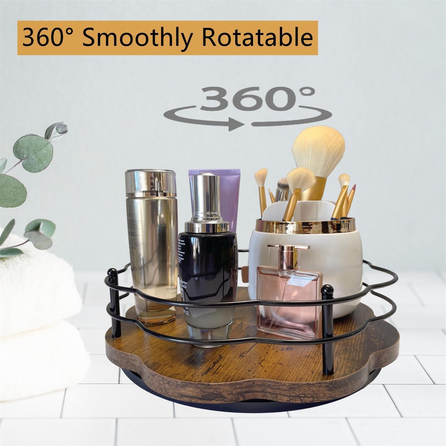 12" Lazy Susan Turntable Organizer with Higher Metal Sides, Wooden Lazy Susan Spice Rack Organization and Storage for Cabinet,Kitchen,Countertop,Table Top,Dining Table,Coffee Bar Decor