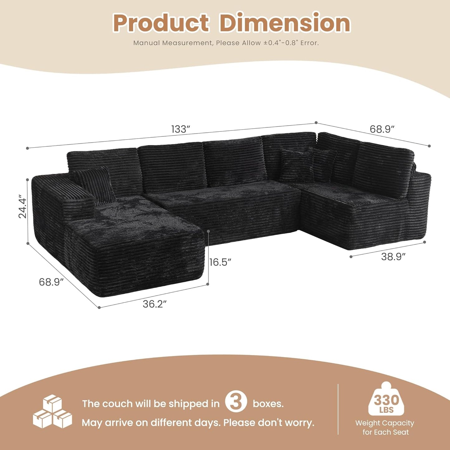HOOOWOOO Cloud Sectional Couches for Living Room,Modular Sectional Sofa No Assembly,133X70 Inch Plush Corduroy Large U Shaped Floor Couch Set with Deep Seat Chaise Lounge(Black)