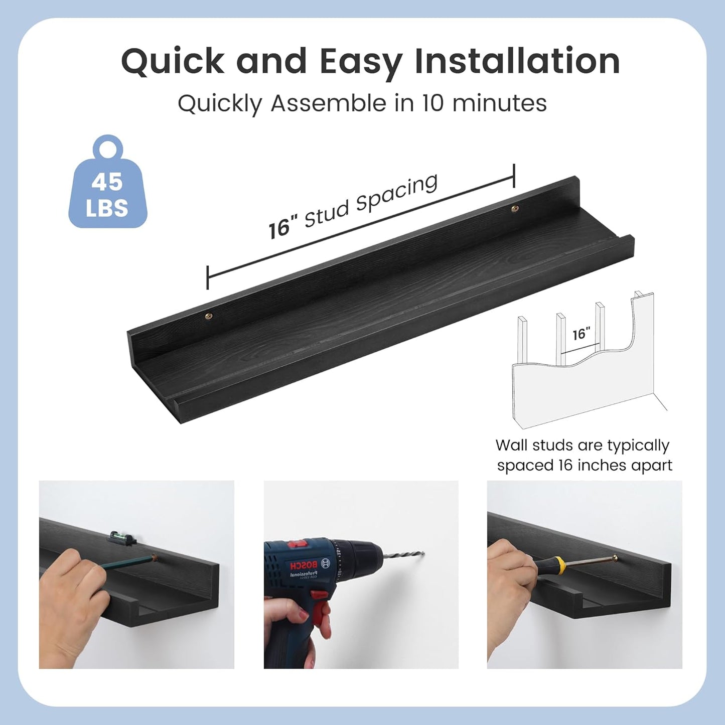 Picture Ledge Wall Shelves 24 inches Width Set of 3, Solid Pine Wood Rustic Floating Ledge Shelves for Kids' Room Bedroom Kitchen Bathroom Living Room Nursery Display Wall Decor, Black