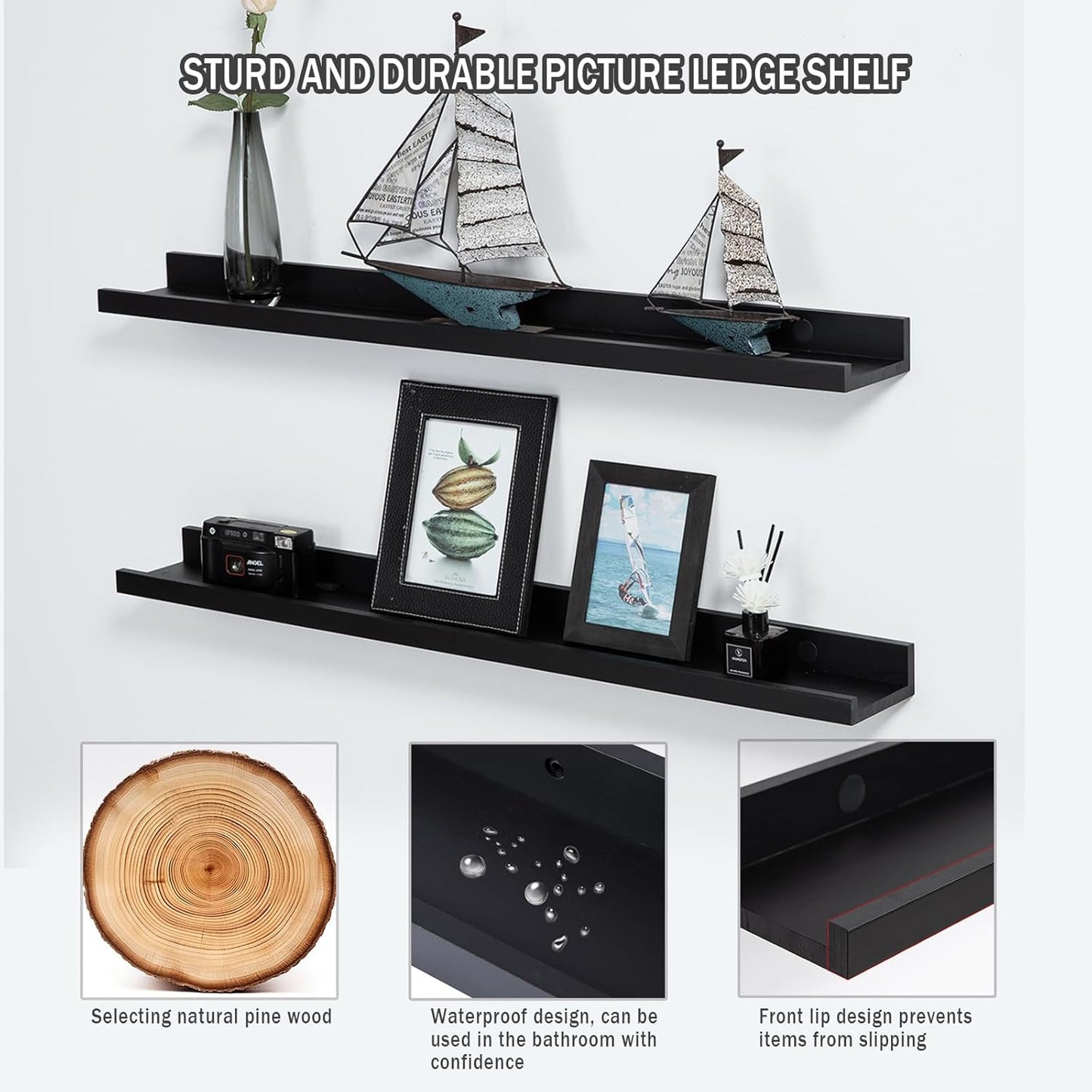 AZSKY Picture Ledge Shelf, Floating Shelves Set of 2, 48 Inches Picture Shelves for Wall with Ledge, Long Shelf Wall Mounted for Living Room Bedroom Decor Books Photo Frames - Black