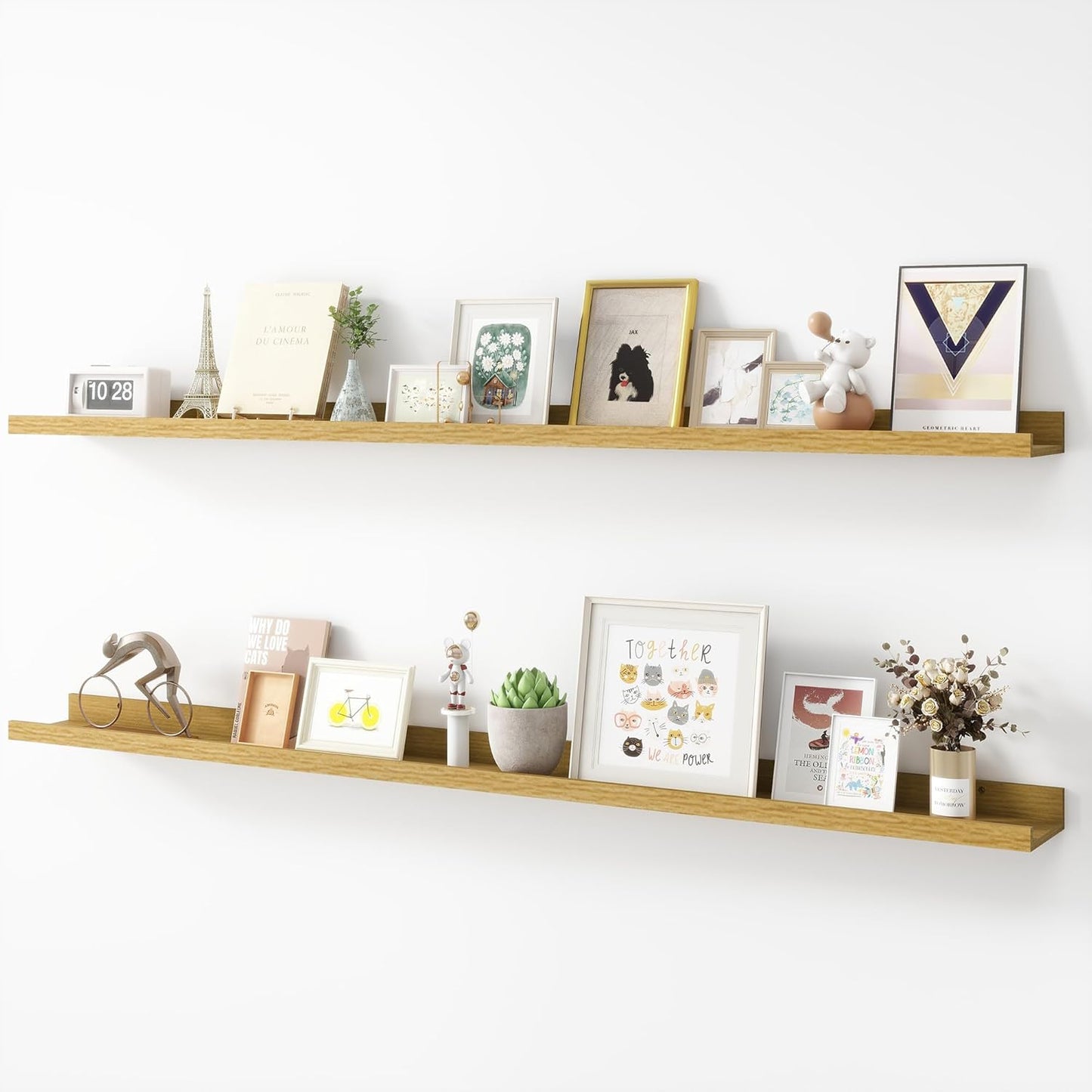 Picture Ledge Shelf, Wood Long Floating Shelves for Wall, Set of 2, 56 inch Picture Ledge Shelves, Photo Ledge Nursery Book Shelves Wall Mounted for Living Room Kids' Room Bedroom, Color Oak