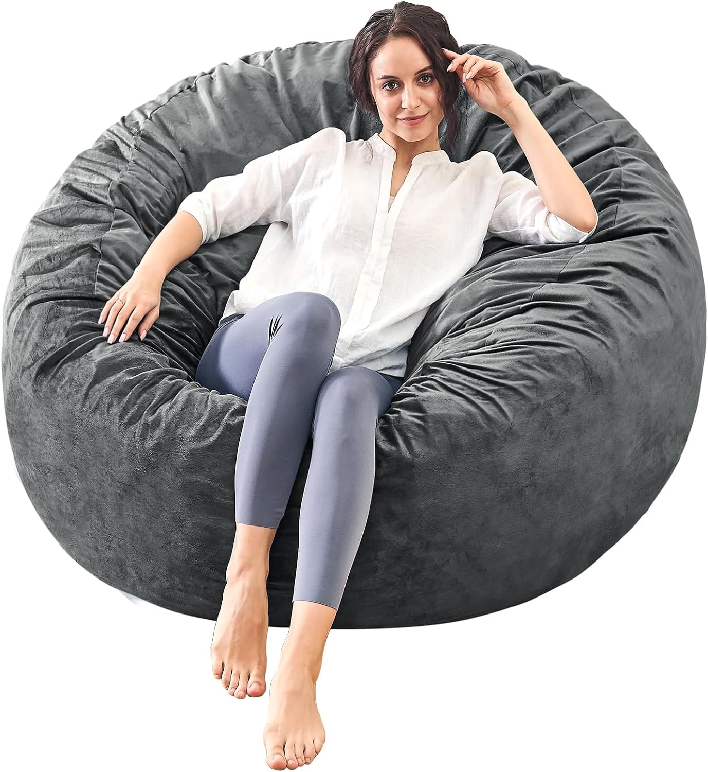 Bean Bag Chairs for Adults - Memory Foam Furniture BeanBag Chair - Kids/Teens Sofa with Soft Micro Fiber Cover - Round Fluffy Couch for Living Room Bedroom College Dorm - 4.5 ft, Gray Stripe