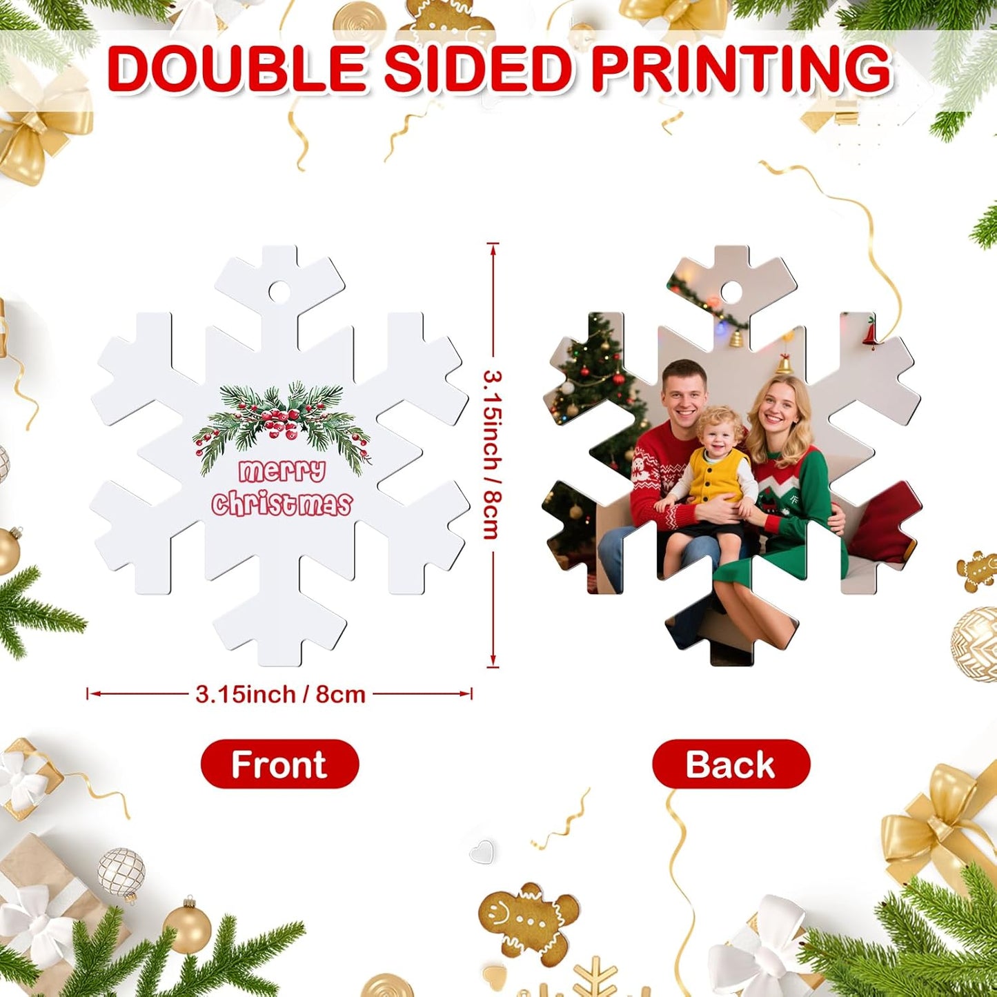 Personalized Photo Christmas Ornaments Double-Sided Metal Custom Picture Christmas Ornament 2024, Customized Xmas Tree Decorations Memorial Gifts for Kids Couples Family Friends Pet