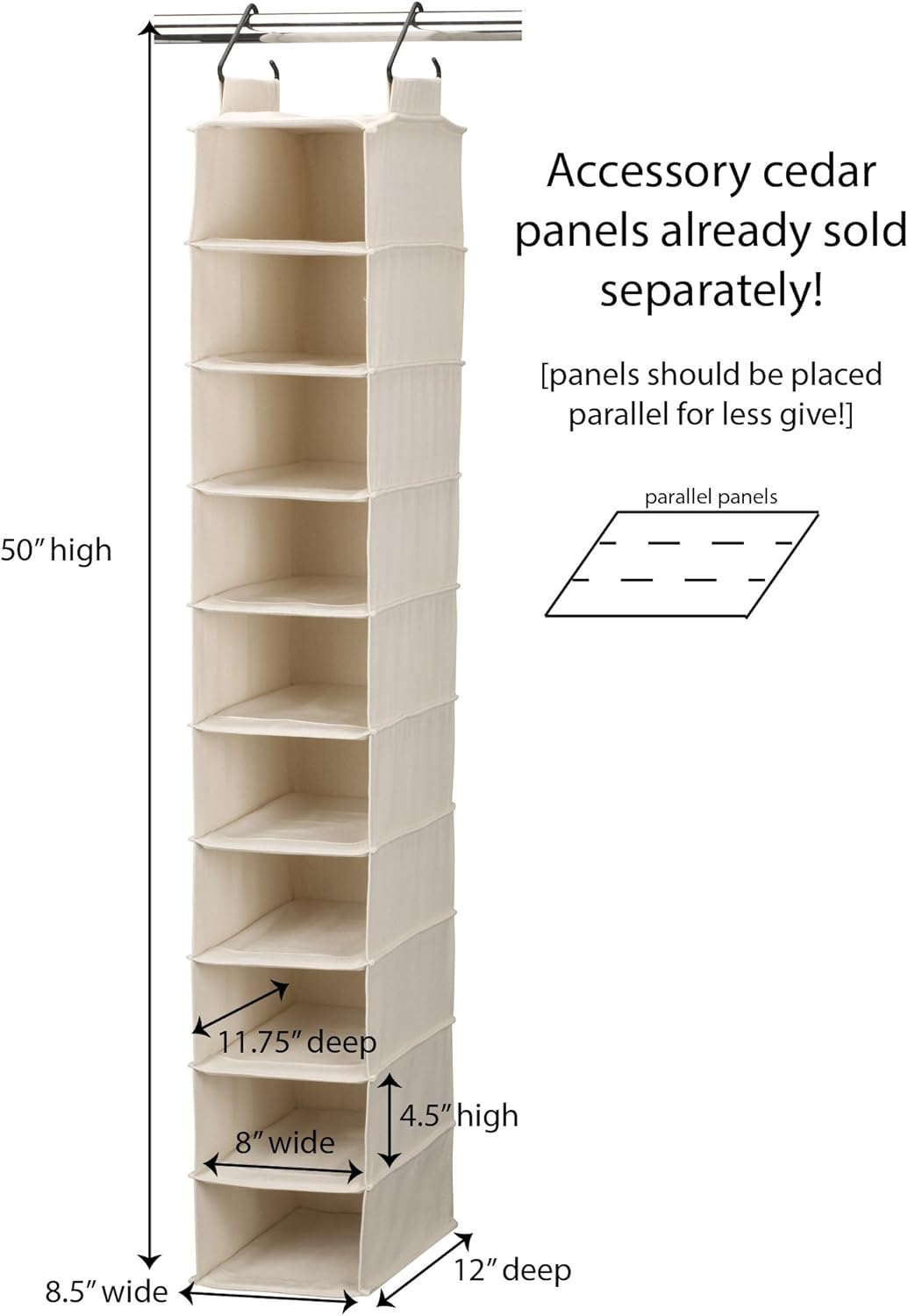 Household Essentials Hanging Shoe Organizer, 10 Wide Cubbies with Cedarline Pockets, Heavy-Duty Cotton Canvas, Removable and Industrial Hooks, Natural