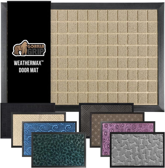 GORILLA GRIP 100% Waterproof All-Season WeatherMax Doormat US Designed Natural Rubber, Stain and Fade Resistant, Low Profile Indoor Outdoor Door Mats, Easy Clean Patio Mat, 23x35, Taupe Grid