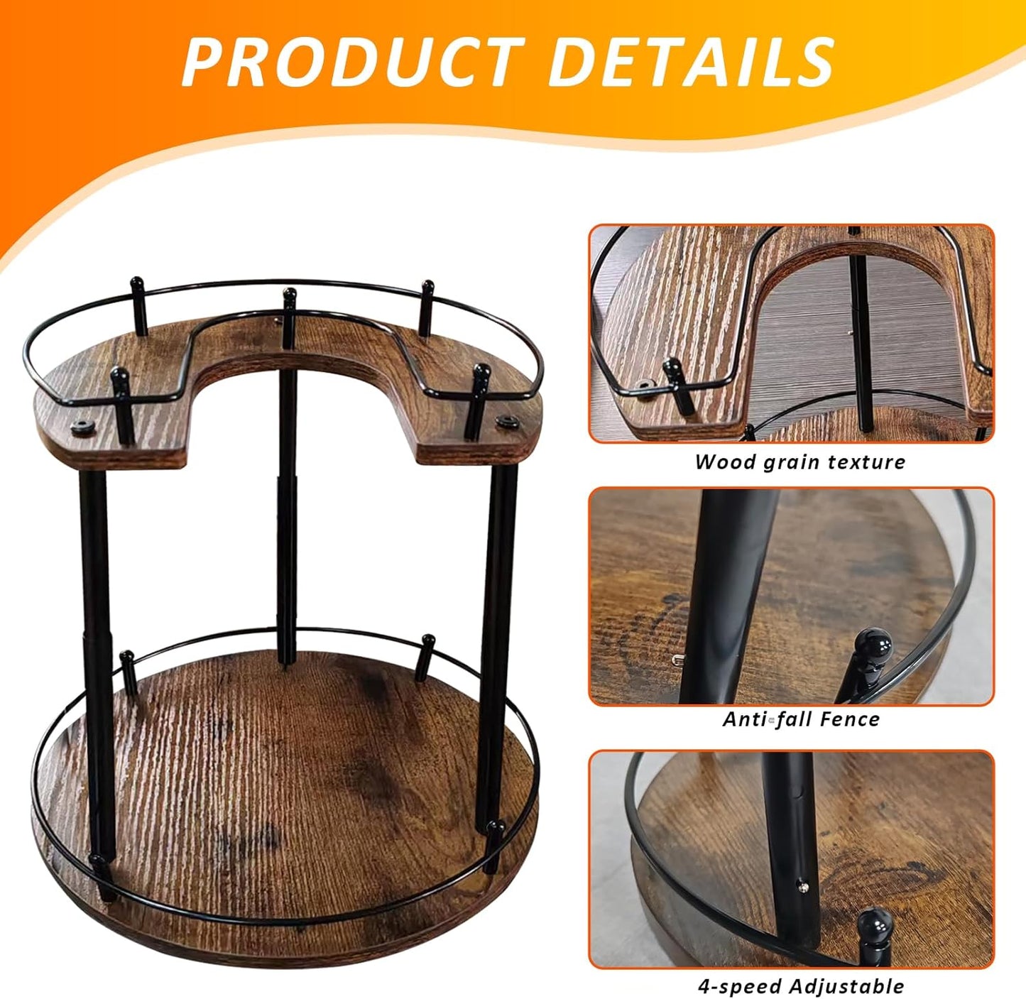 2-Tier Lazy Susan Organizer, Rotating Spice Rack with Stable Carousel Base & 4 Height Settings, Spice Rack Organizer for Cupboard Kitchen Countertop Dining Table