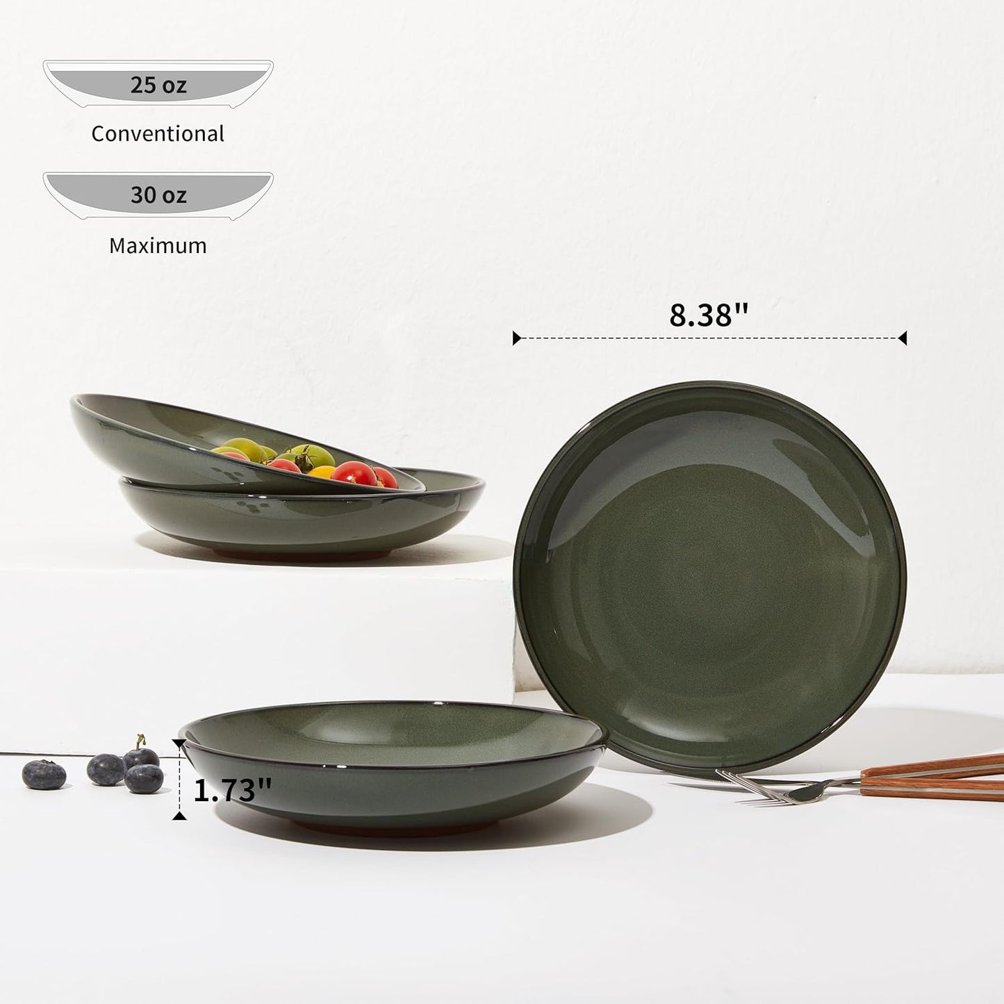 16 Piece Double Bowl Dinnerware Sets with Pasta Bowls, Highly Chip and Crack Resistant Plates and Bowls Sets, Natural Earthyware Ceramic Dishware Sets, Service for 4 Blackish Green