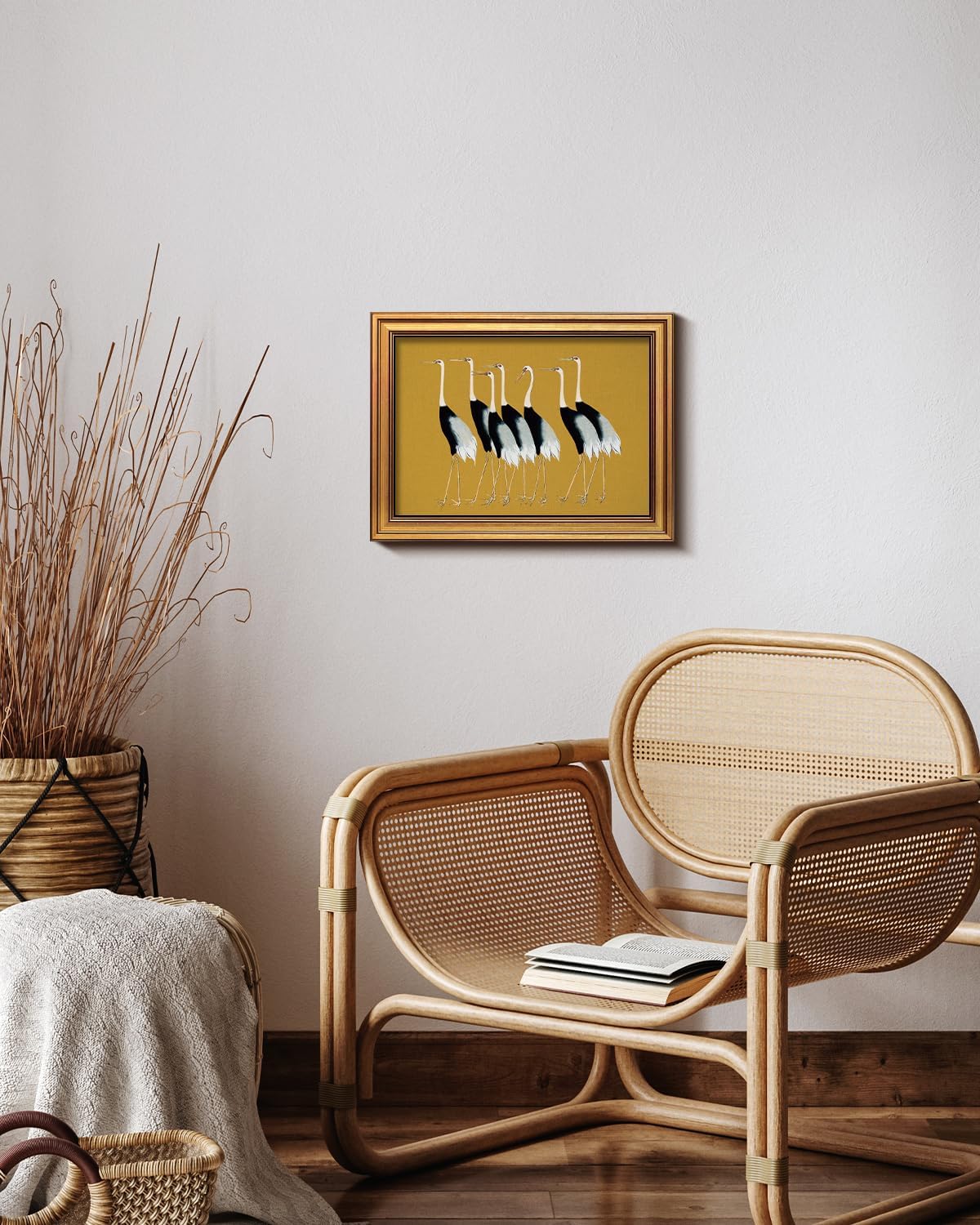 HUARCEY Gold Framed Vintage Wall Art for Living Room, Animals Painting Prints Shelf Decor for Kitchen, Aesthetic Bedroom Wall Art Decor, Christmas Gifts for Friends or Family (Seven Cranes 12"x16")