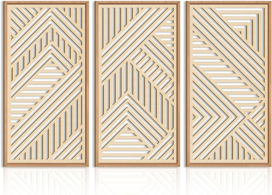 IARTTOP 3 Pieces Wood Boho Wall Art Framed Mid century Modern Wooden Wall Decor Large Minimalist Geometric Line Decor for Living Room Bedroom Office-16 x32