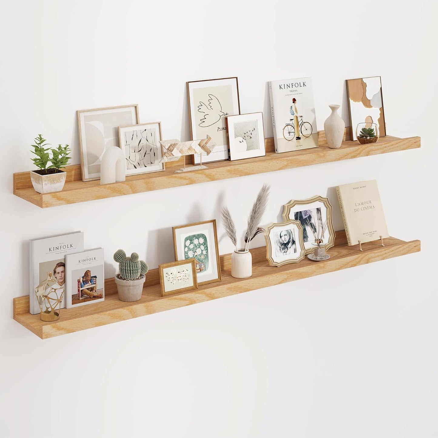 Floating Picture Ledge Shelves 48 Inch Solid Oak Wood Set of 2, Rustic Wall Storage Shelves with Lip, Kids Bookshelf, Photo & Picture Ledge Shelves for Bedroom, Living Room, Kitchen