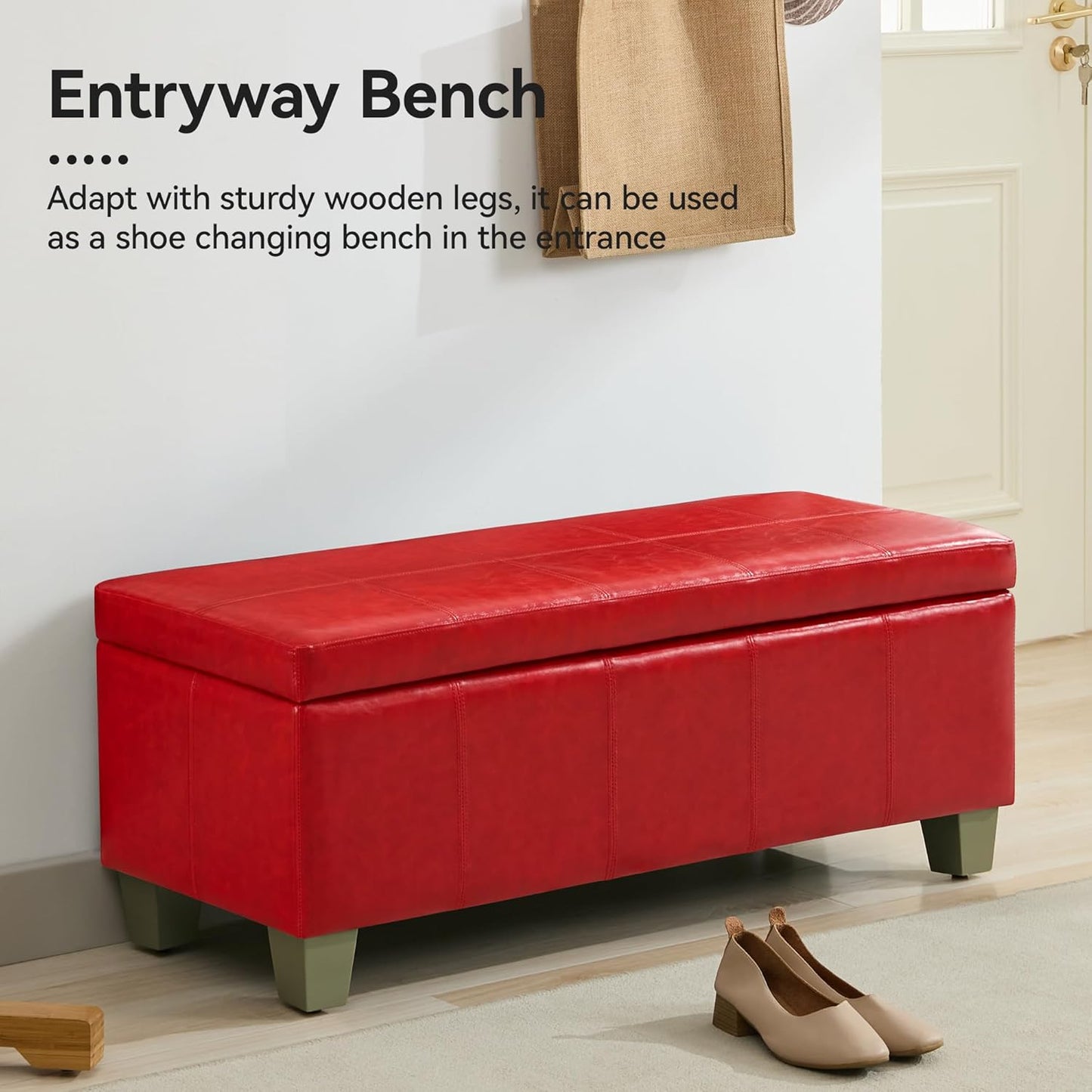 51" Faux Leather Storage Ottoman, Stitch Tufted Rectangle Upholstered End of Bed Storage Bench, Entryway Large Couch Ottoman with Wooden Legs,Red