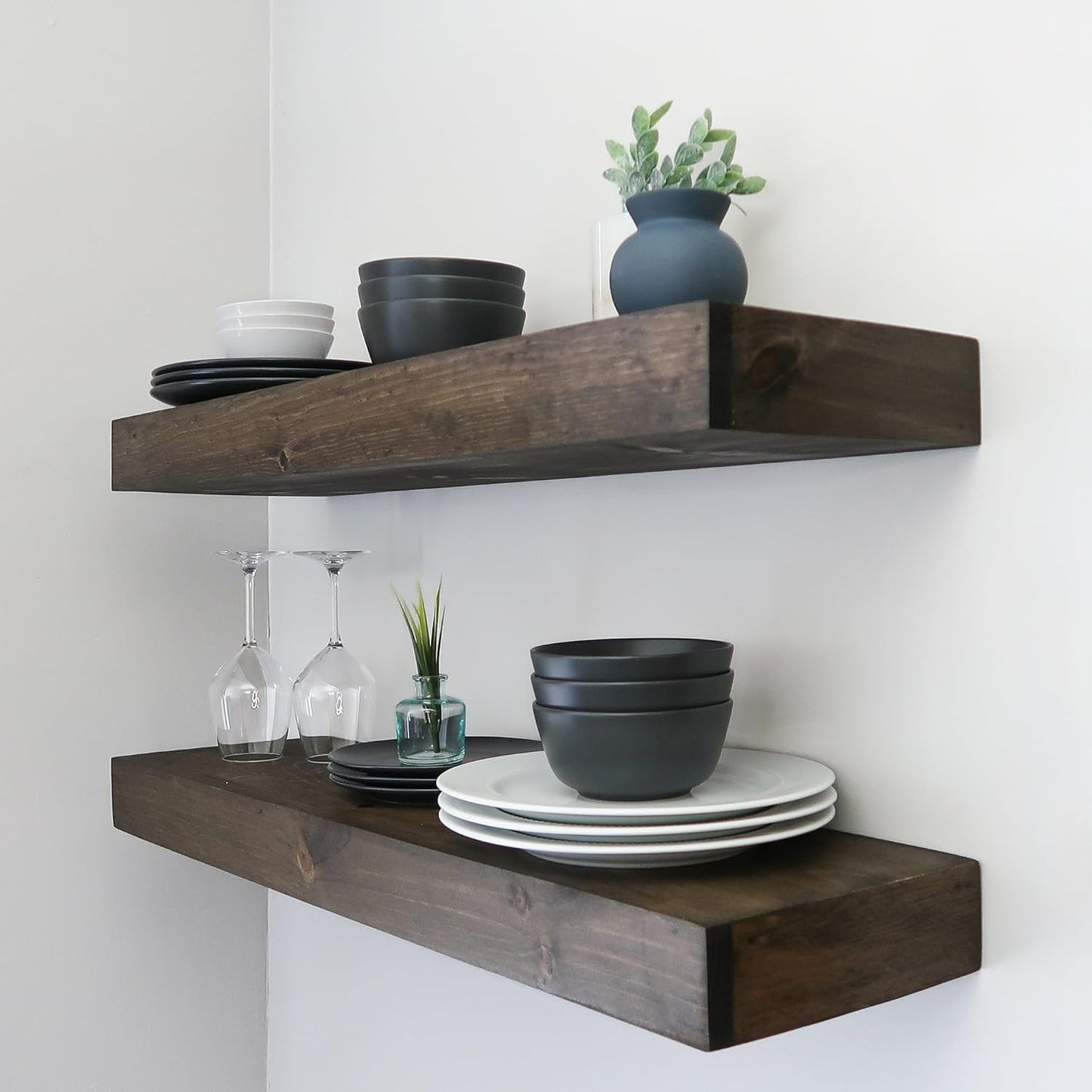 Modern Floating Shelves 3 Inches Thick for Wall, Wide Shelves for Kitchen, Living Room, Bedroom, and Bathroom, Natural Pine Wood, Rustic Wooden Shelf, (Set of 2) (Jacobean, 24Lx3Hx6D)