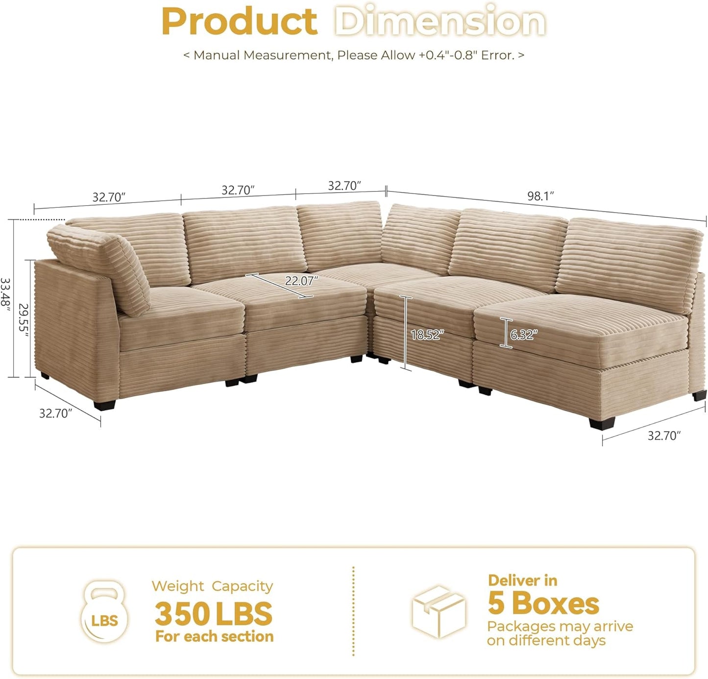 HOOOWOOO Modular Sectional Sofa,5 Pieces Sectional Couches for Living Room,98X98 L Shaped Cloud Couch Set(Beige Velvet Corduroy)