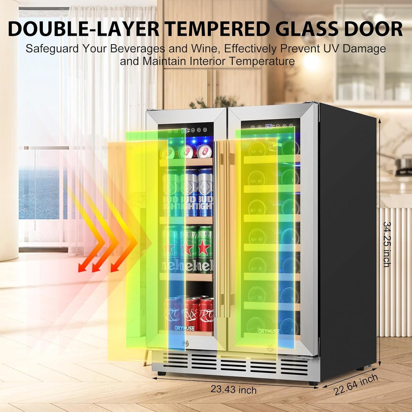 24 Inch Dual Zone Wine and Beverage Refrigerator, Built-in or Freestanding Cooler with French Doors, Drink Fridge with Upgraded Compressor for Beer, Wine, and Soda