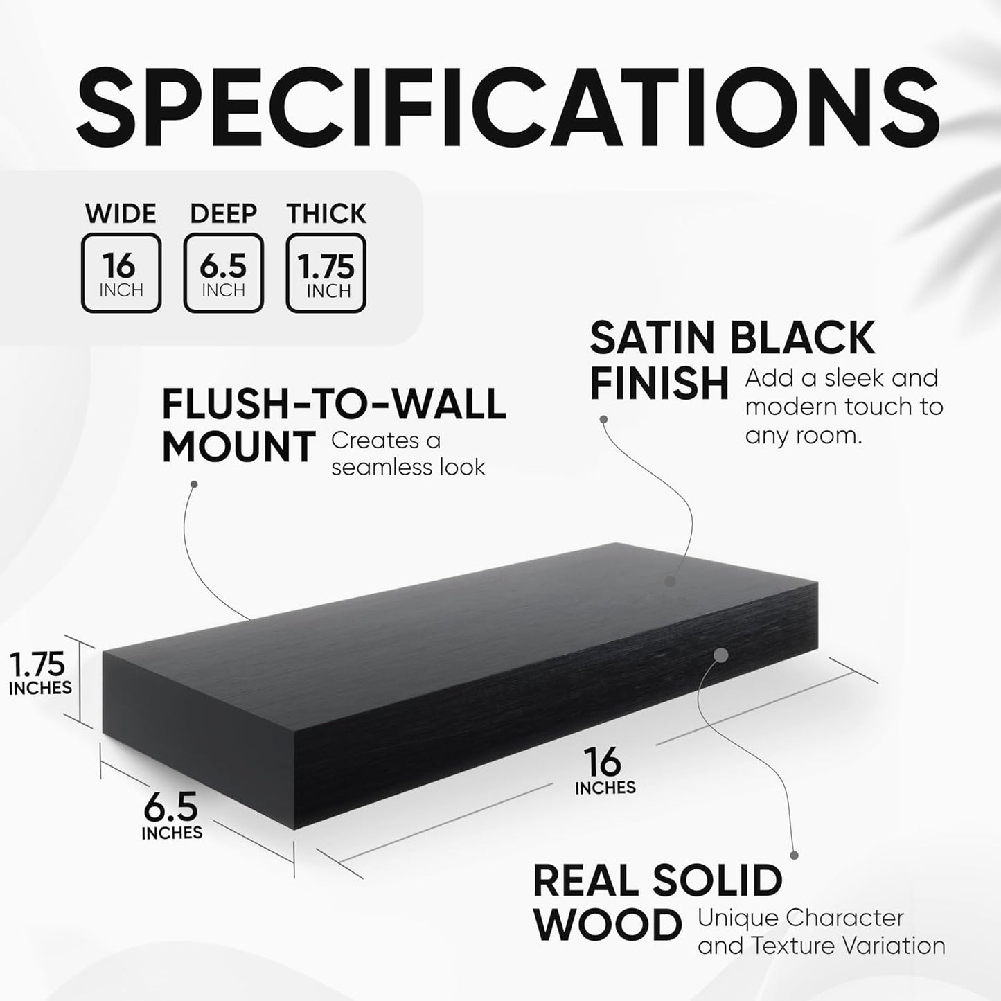 Homeforia 16 inch Black Floating Shelves, High End Solid Real Wood 16inch Bathroom Floating Shelves for Wall Mounted, 16in Wooden Small Floating Shelf, Heavy Duty Bracket, 16 X 6.5 X 1.75 in, Set of 4