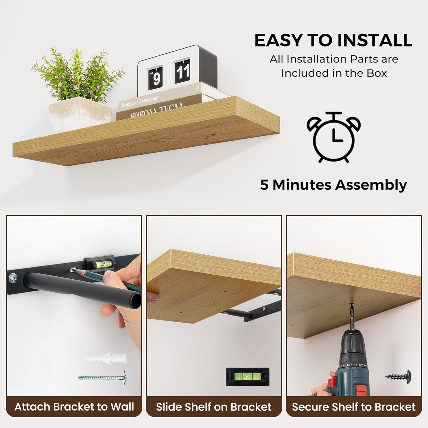 48 inch Floating Shelves for Wall Large Wall Mounted Shelves with Invisible Brackets, Oak Long Shelves for Bathroom, Living Room, Kitchen, Office, 48x9.1 inch deep Set of 2