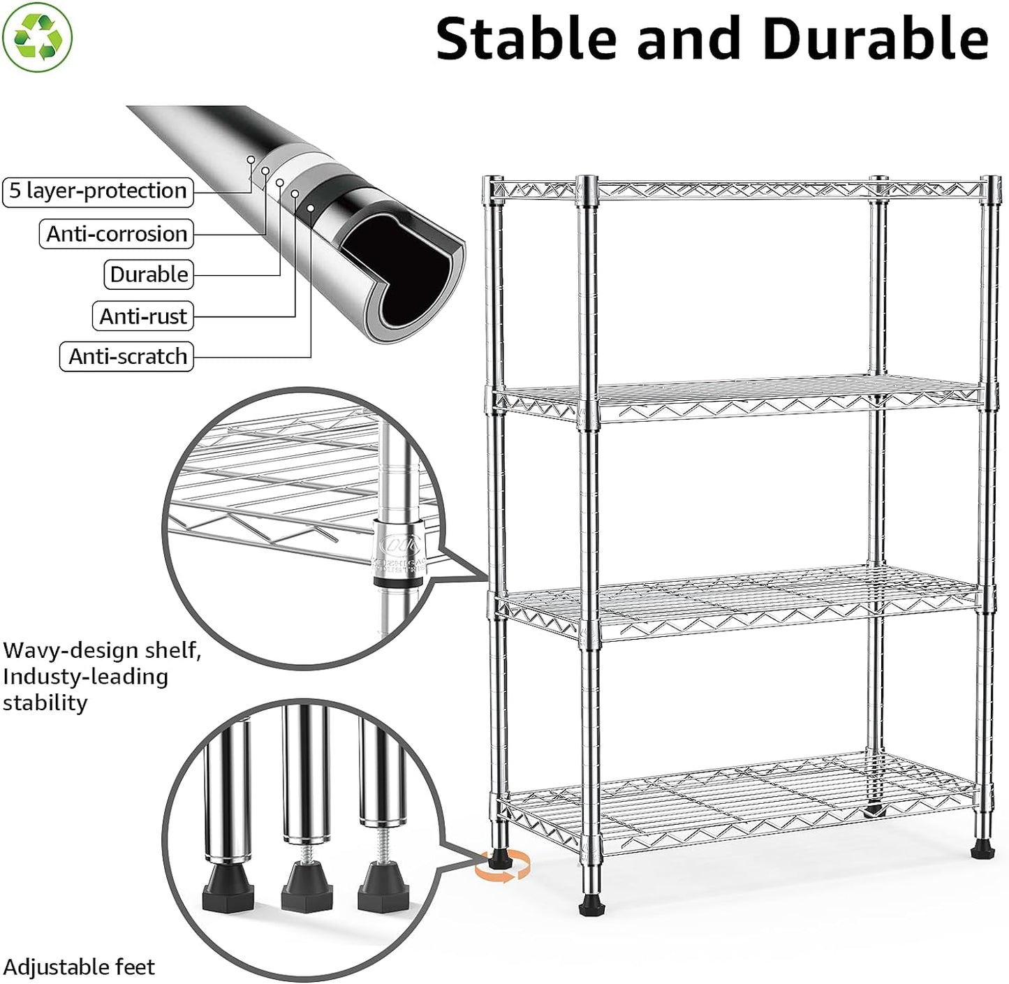 1000 lbs Storage Shelving Steel Heavy Duty 4-Tier Utility Shelving Unit Steel Organizer Wire Rack for Home,Kitchen,Office,Chrome (13.7" D x 29.5" W x 47.2" H)