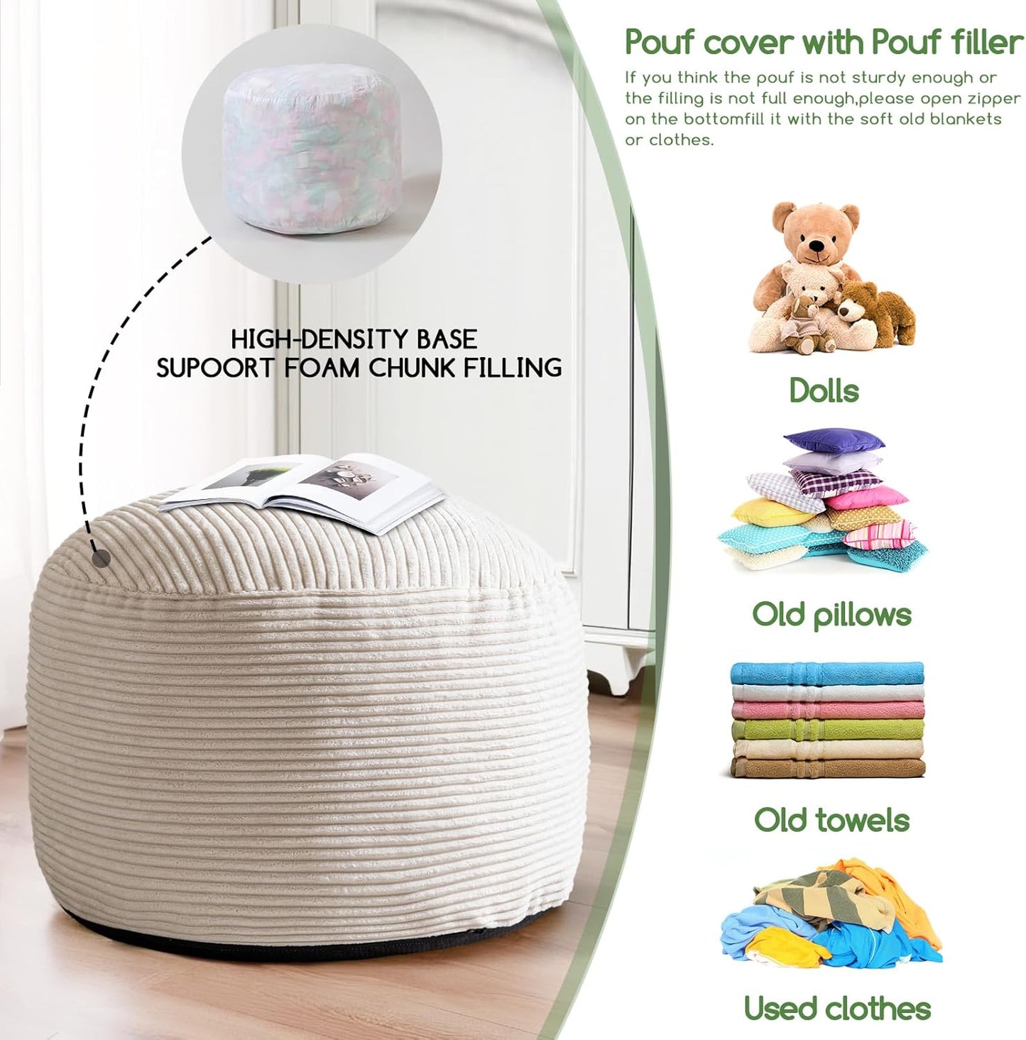 HIGOGOGO Round Stuffed Pouf Ottoman, Corduroy Poufs with Foam Chunk Filling, Furry and Fluffy Pouf Foot Stool Storage Ottoman, 26 X 18 Floor Poufs Foot Rest for Living Room, Beige