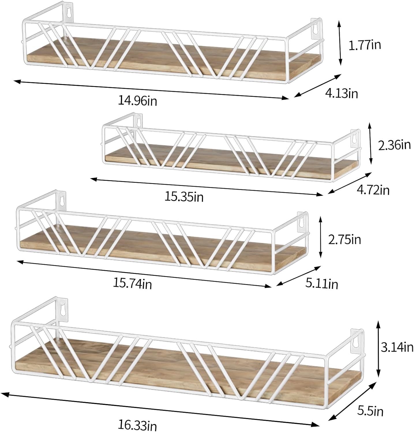 Floating Shelves for Wall Set of 4, Different Sizes Mounted Wood Floating Shelf, Wall Shelves for Living Room, Bedroom, Bathroom, Kitchen, Farmhouse Decor, Office
