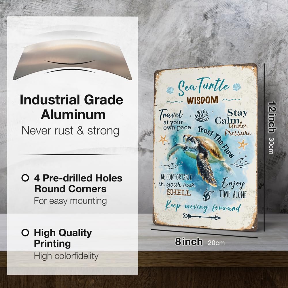 Heuhuww Retro Sea Turtle Wisdom Metal Sign for Home Office Room-Inspirational Beach Decor-Sea Turtle Quote Gifts for Ocean Lovers 12" x 8"(H16)