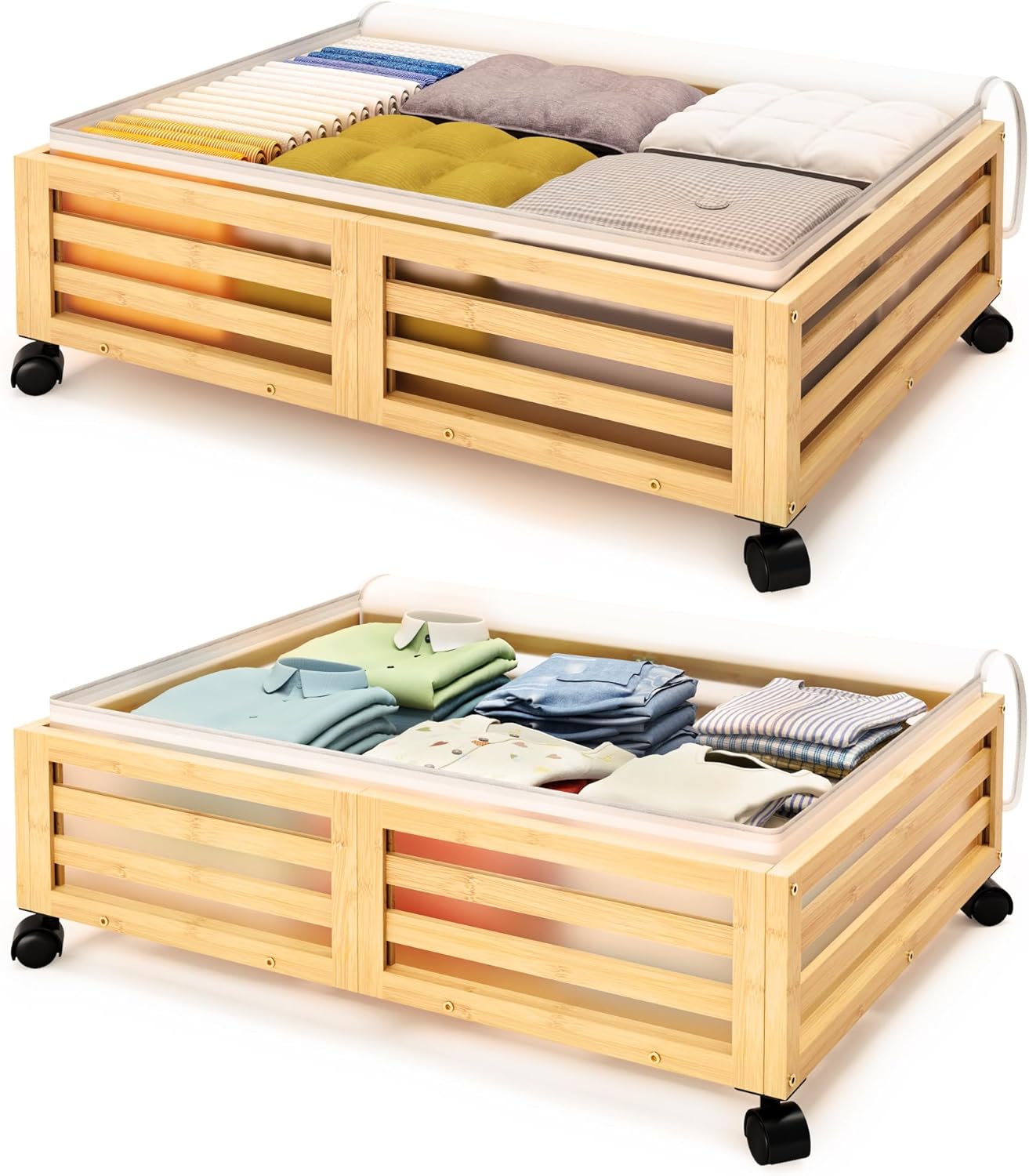 Under Bed Storage with Wheels-Large Bamboo Underbed storage Containers with Large Dust Bag Stackable Under the Bed Shoe Storage Bins for Clothes Books Bedding (2 Packs Nature, 23.62"L×16.54"W× 6.51"H)