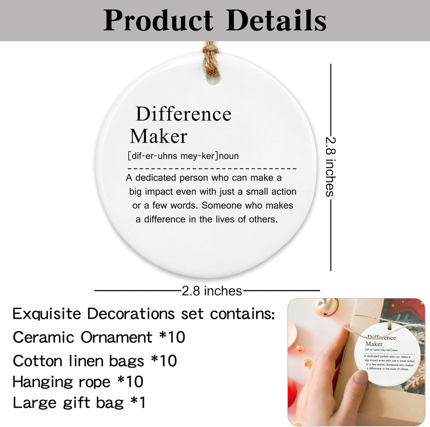 Thank You Gifts for Women Men - 10 Pcs Appreciation Gift for Teacher Boss Leader Coworker New Job Gifts Difference Maker Definition Decorative Ceramic Ornament Set