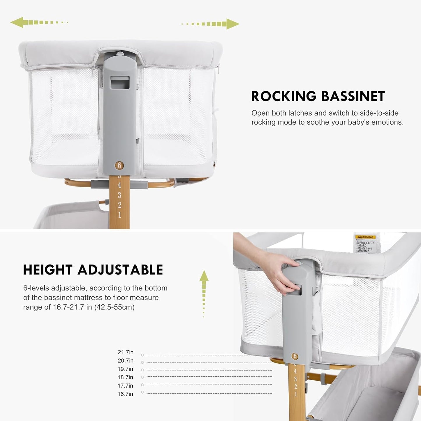 Baby Bassinet Bedside Sleeper, 3-in-1 Rocking Bassinet for Baby with 6-Level Height Adjustable, 4 Wheels & Breathable Mesh Walls, Portable Bedside Bassinet with Mattress for Newborn