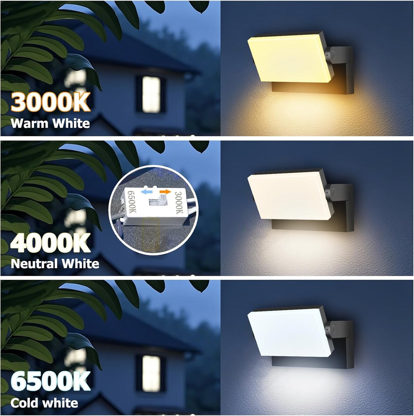 3CCT LED Outdoor Wall Lights, 4800LM, 360° Adjustable, 3 Color Modes, IP66 Waterproof, Security Wall Pack Flood Lights for Garage, Porch, Patio, Black