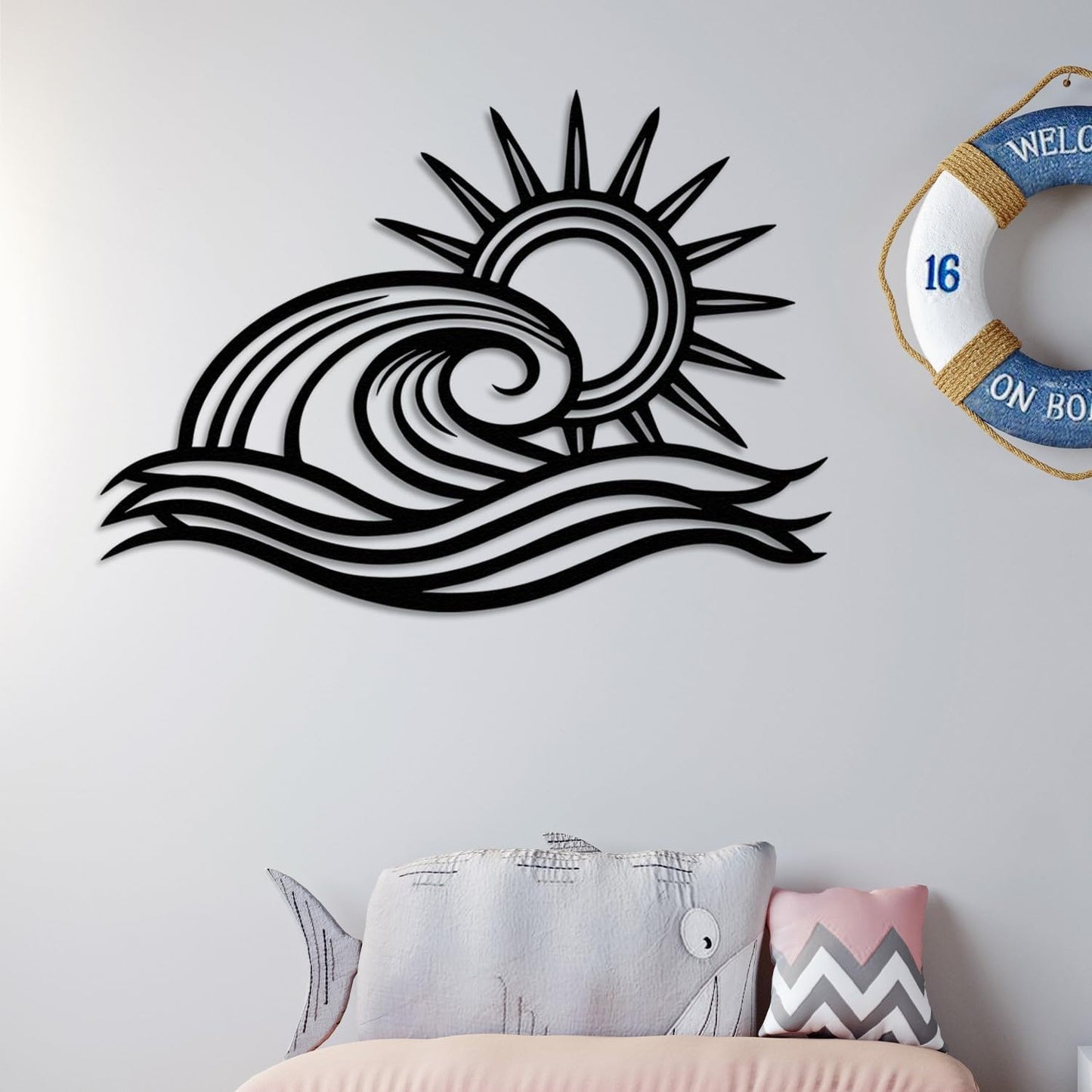 Wita Home Ocean Wave Metal Wall Art, Sun Beach Decor, Coastal Large Wall Sculpture for Home, Indoor/Outdoor Use, Nautical Wall Hanging, Eye-Catching Addition to Living Room (White, 24 x 14 inches)