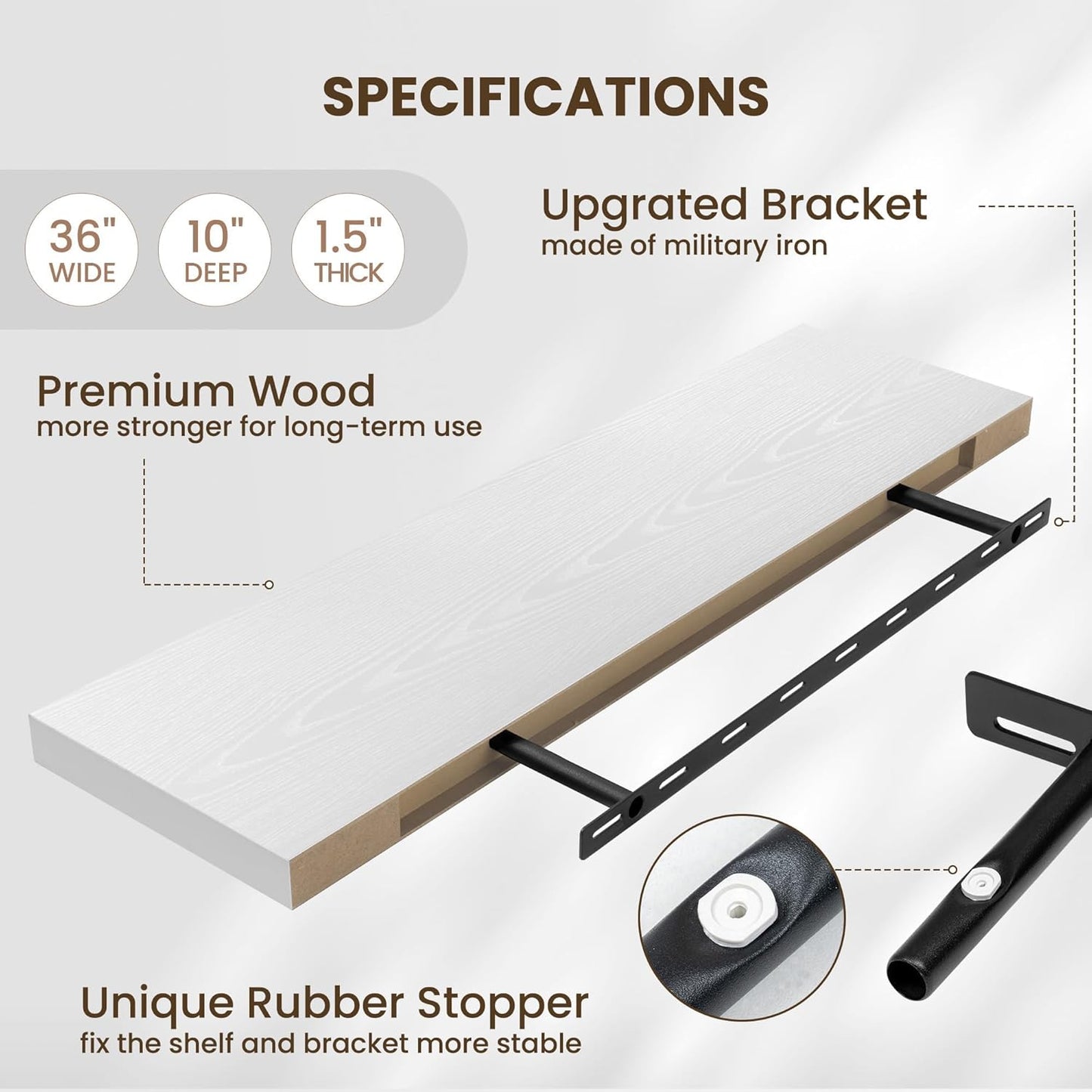 Floating Shelves Set of 2, 36 Inch Long Wooden Wall Shelves, 10 Inch Deep Wall Mounted Storage Shelf with Metal Brackets for Living Room, Bathroom, Bedroom and Kitchen, White