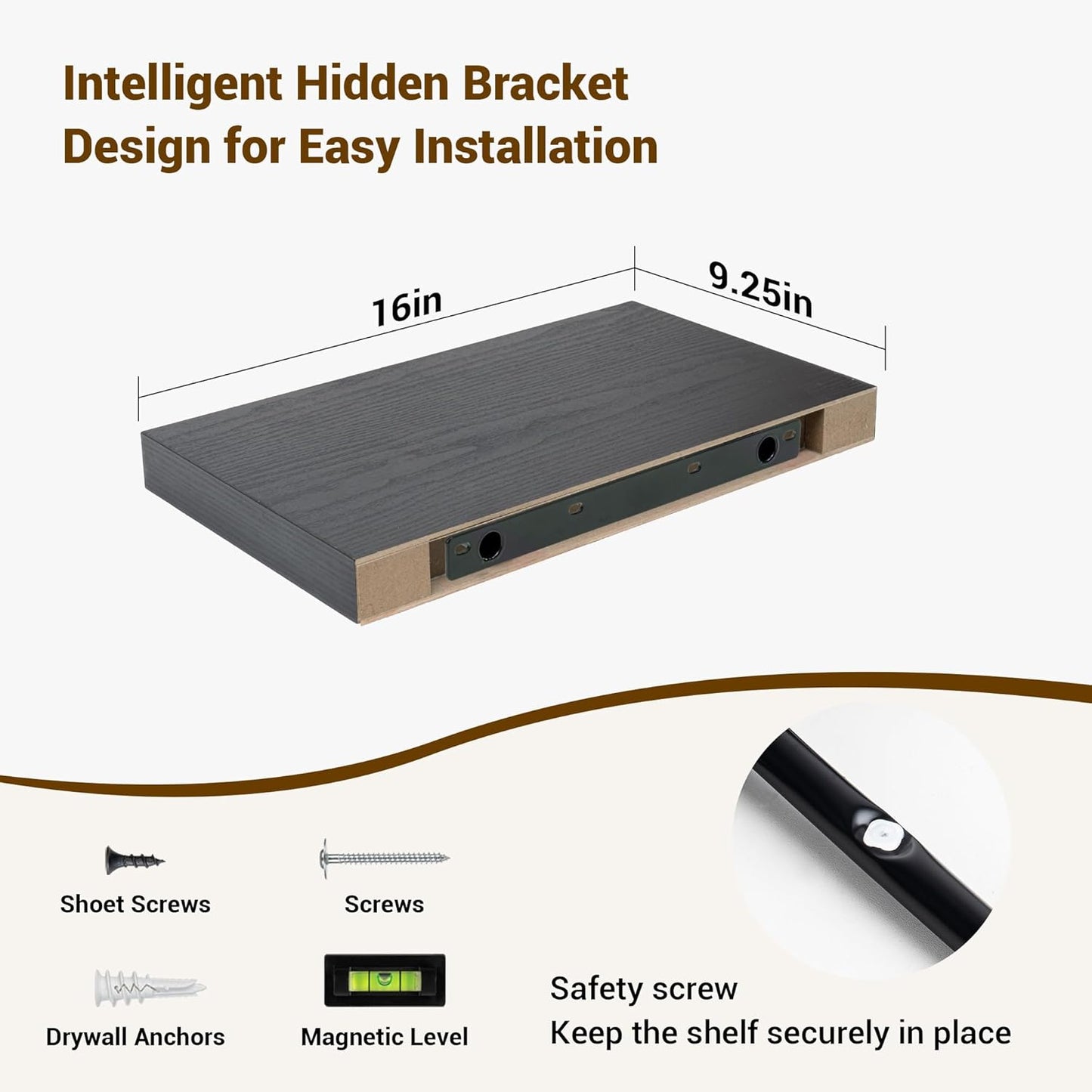 16 Inch Floating Shelves, 16"x9.25"x1.5" Inch Deep Floating Shelves for Wall, Wooden Shelves for Bathroom, Bedroom, Living Room, Black