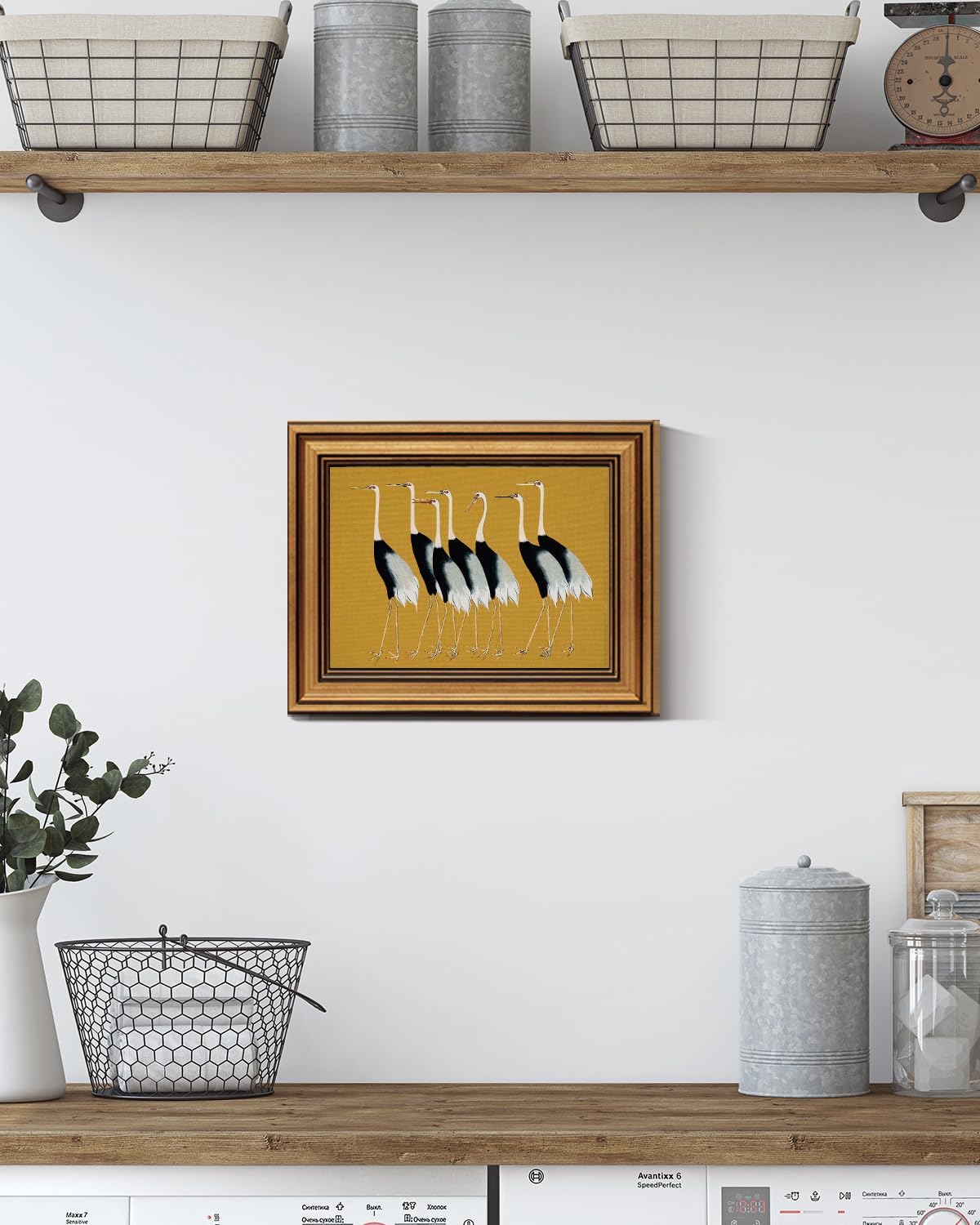 HUARCEY Gold Framed Vintage Wall Art for Living Room, Animals Painting Prints Shelf Decor for Kitchen, Aesthetic Bedroom Wall Art Decor, Christmas Gifts for Friends or Family (Seven Cranes - 8"x10")