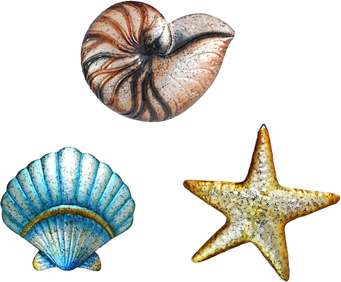 Weibefee 3 Pcs Metal Beach Wall Decor Sea Star Shell Conch Metal Decor Ocean Theme Marine Coastal Bathroom Decorations Rustic Cottage Nautical Wall Art for Office Home Living Room Nursery Room