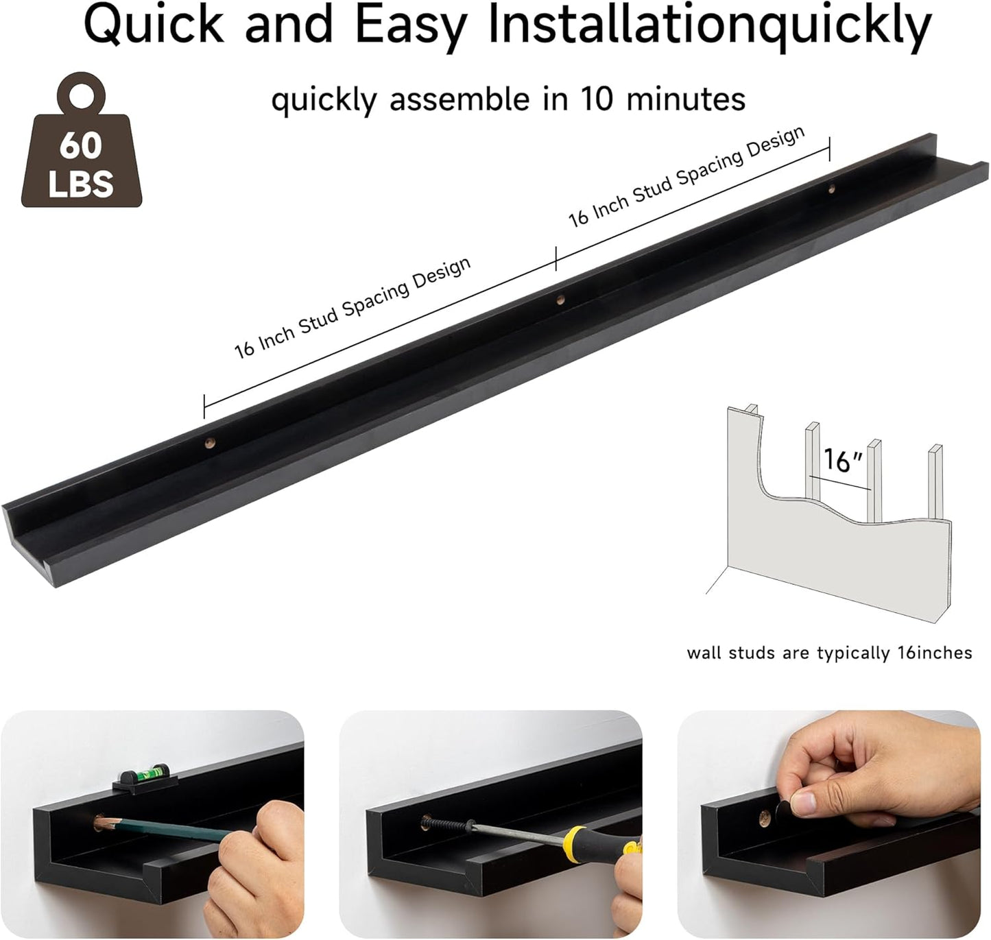 Fun Memories Picture Ledge Shelf, 48 Inch Floating Shelves Set of 2, Large Nursery Book Shelves for Toys Storage, Kids Bookshelf Wall Mounted for Wall Decor Books Photo Frames, Black