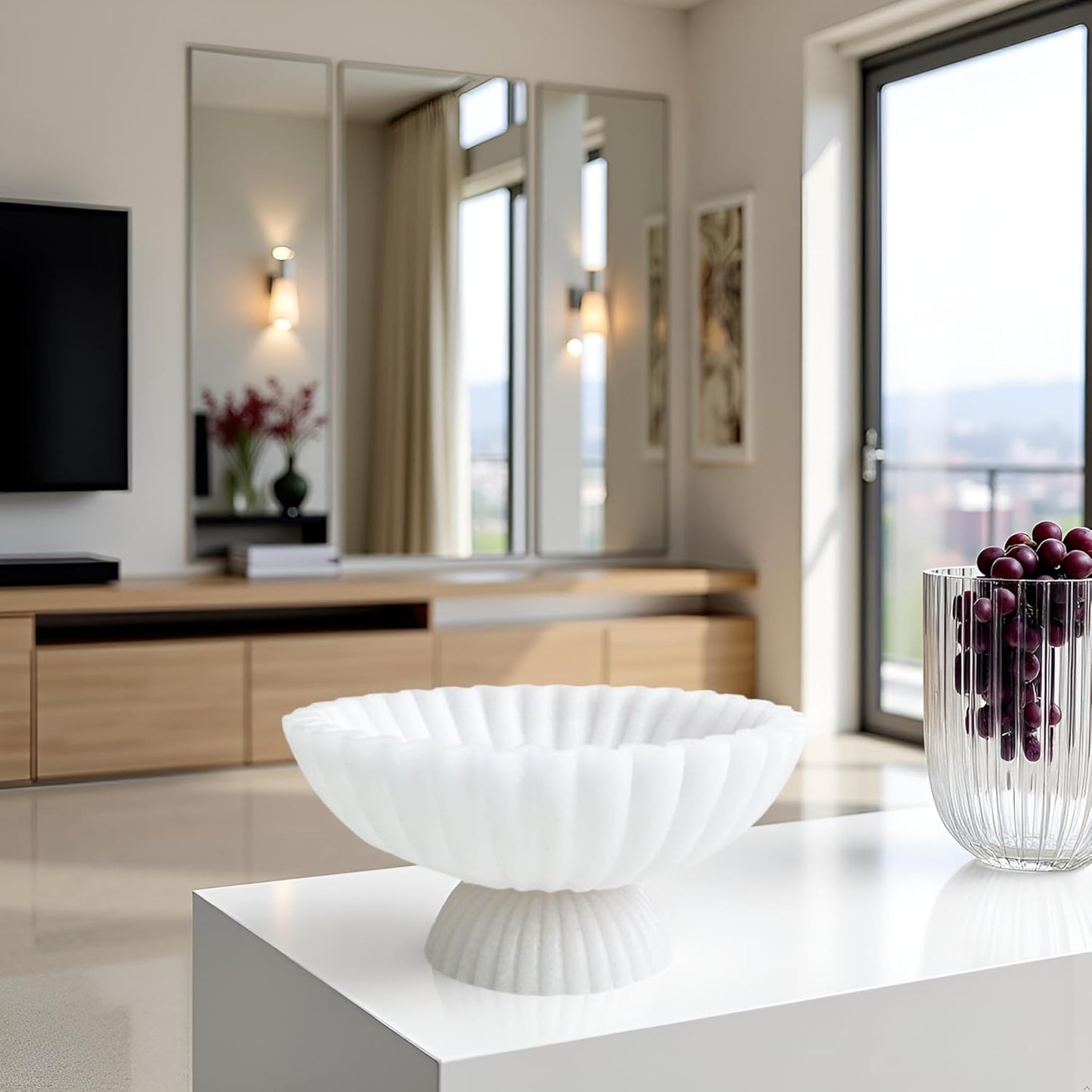 10" Large Decorative Bowl decor, Scalloped Bowls for Modern Home Decor,Ruffle Decor,Stylish Key Bowl for Entry Table,Decorative Fruit Bowl for Kitchen Counter,With base,Artificial Stone White