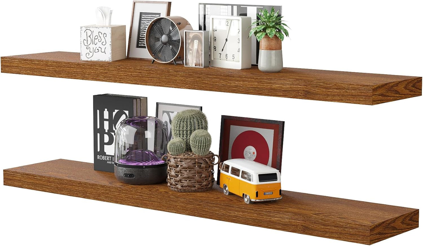 BAMEOS Floating Shelves, American Oak Wall Mounted Wooden Shelves with Invisible Brackets Set of 2, Hanging Wall Shelves Decoration for Bedroom, Bathroom, Living Room and Kitchen