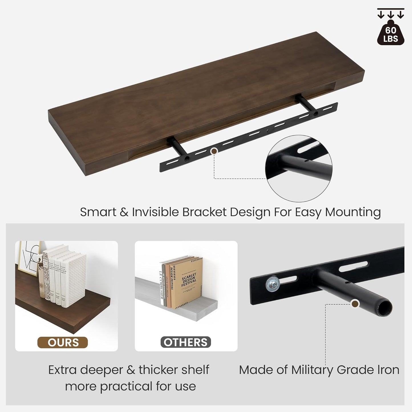 Wood Floating Shelves for Wall 24” x 8”x 1.4” Shelf Floating Rustic Farmhouse Decor, Heavy Duty Shelf Hold 60 lbs, Wall Shelves for Bathroom Living Room Kitchen Bedroom Office, 2 Packs Walnut