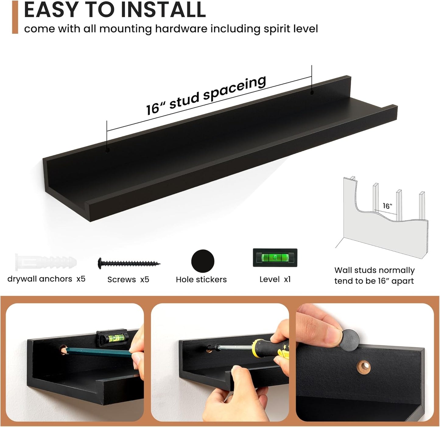 Fun Memories Picture Ledge Shelves Set of 2, 24 Inch Rustic Wall Mounted Floating Shelves with Lip for Home Storage and Décor in Bathroom, Kitchen, Nursery, Bedroom, Living Room, Black