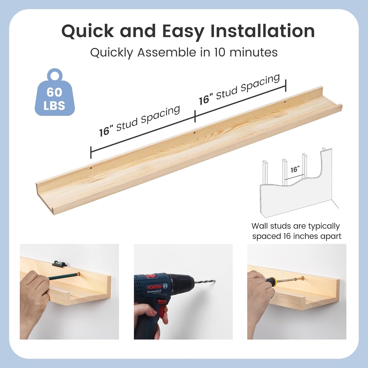 Picture Ledge Shelf for Wall, 48 inch Solid Pine Wood Nursery Book Shelves 2 Packs, Floating Ledge Shelves for Kids' Room Bedroom Bathroom Living Room Photo Frames Office Nursey Wall Decor, Natural